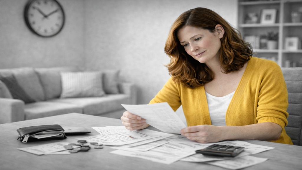 Femme assise à une table, lisant attentivement des factures et des documents financiers avec une calculatrice et de la monnaie devant elle, dans un intérieur en noir et blanc, illustrant le coût de vivre avec la SP au Québec.