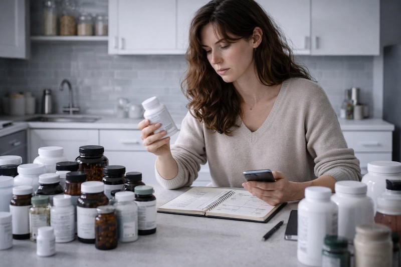 cuisine-supplements-controle-alimentaire-obsessif Cuisine moderne avec de nombreux flacons de suppléments alignés sur le plan de travail, personne concentrée consultant une liste nutritionnelle, illustrant un contrôle alimentaire obsessif et une recherche excessive de maîtrise.