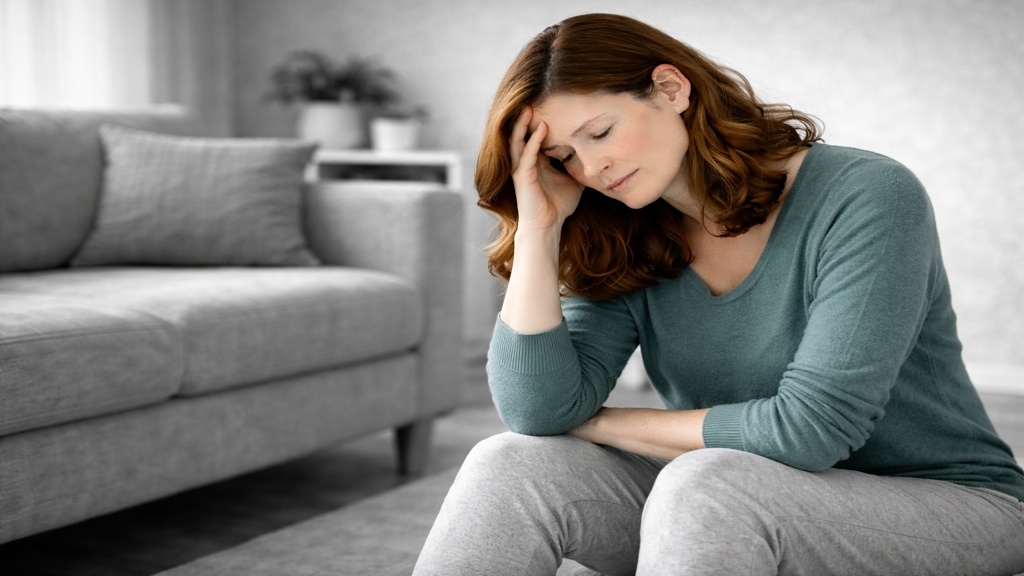 Femme assise, penchée vers l’avant avec une main appuyée sur la tête, regard fatigué dirigé vers le sol, dans un intérieur en noir et blanc, illustrant la dépression vécue par certaines personnes atteintes de sclérose en plaques.