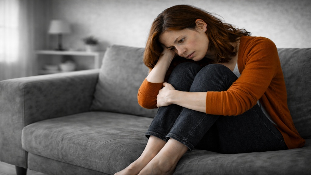 Femme recroquevillée sur un canapé, les bras entourant ses jambes et le regard épuisé dirigé vers le sol, dans un salon en noir et blanc, illustrant une dépression sévère et un isolement profond liés à la SP.