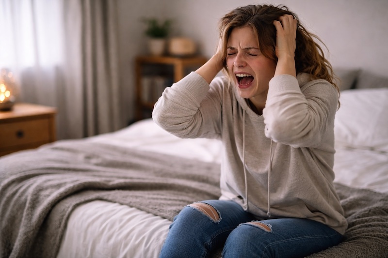 detresse-liberation-emotionnelle-chambre Personne seule dans une chambre, exprimant une forte émotion par les larmes ou un cri silencieux, illustrant une libération émotionnelle après une période de retenue.