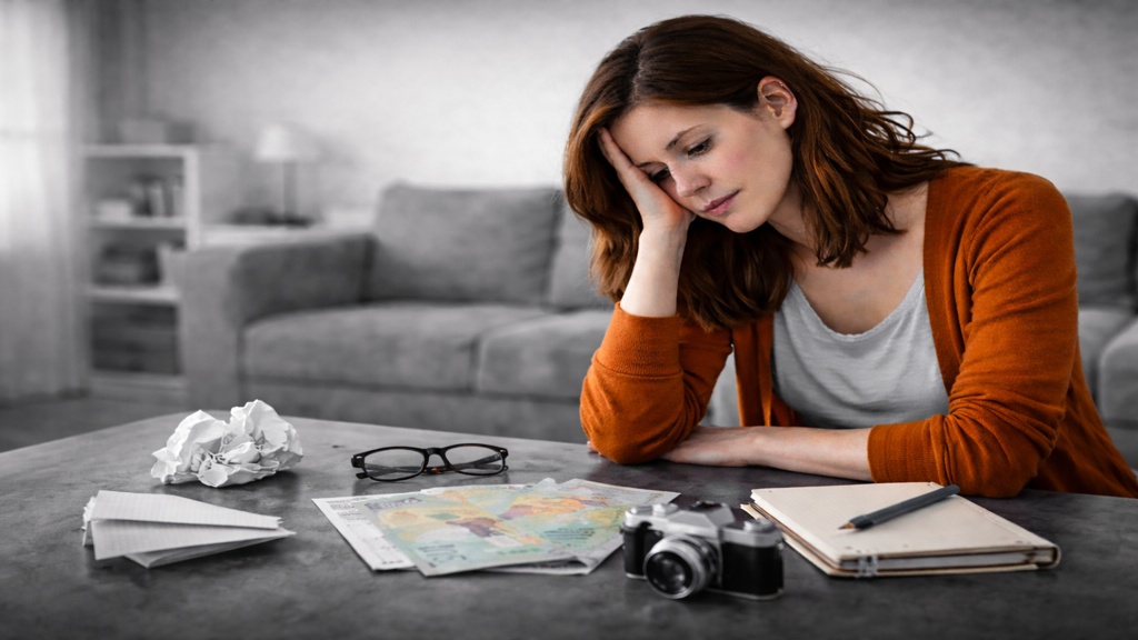Femme assise à une table, la tête appuyée sur une main, regardant des objets liés à des projets laissés de côté, dans un environnement intérieur en noir et blanc, illustrant le deuil des projets de vie et des rêves perdus avec la SP.