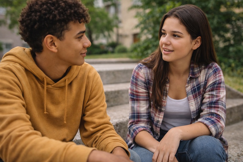deux-ados-conversation Deux adolescents discutent ensemble dans un cadre décontracté, échange naturel et attentif, moment de confiance et de partage.