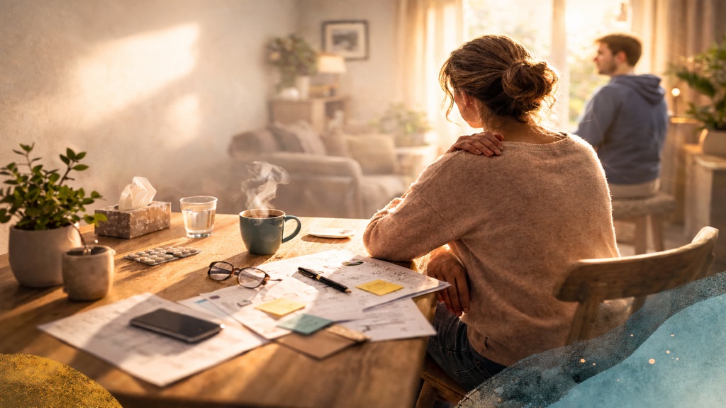 Jeune adulte vivant avec la sclérose en plaques assis près d’une fenêtre, pendant qu’un proche aidant réfléchit à la table, illustrant la réalité de devenir aidant sans l’avoir choisi.