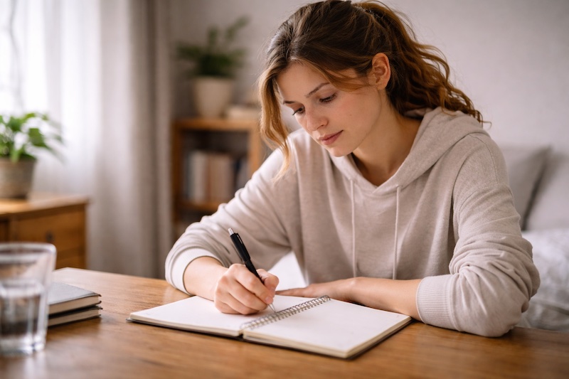 ecriture-cahier-introspection-calme Personne seule écrivant dans un cahier, posture détendue et concentrée, illustrant un moment d’introspection calme et personnelle.