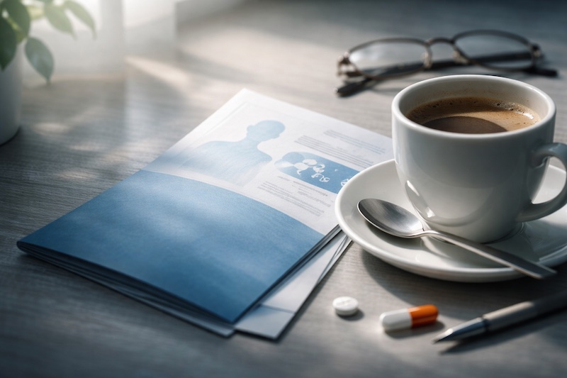 Brochure médicale partiellement cachée par une tasse de café sur une table, éclairée par une lumière naturelle douce, illustrant les informations parfois non dites sur les effets secondaires des traitements de la sclérose en plaques.