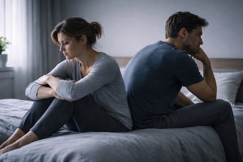 Couple assis sur un lit, dos tournés l’un à l’autre sous une lumière douce, illustrant une distance émotionnelle et physique pouvant être vécue dans le contexte des effets secondaires des traitements de la sclérose en plaques.