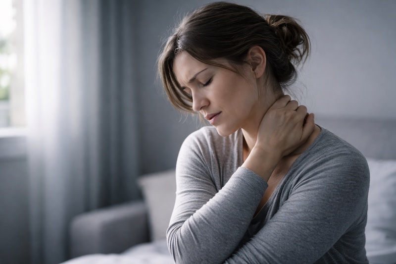 Femme se massant le cou avec une expression d’inconfort discret, éclairée par une lumière naturelle douce, illustrant des douleurs musculaires possibles liées aux traitements de la sclérose en plaques.