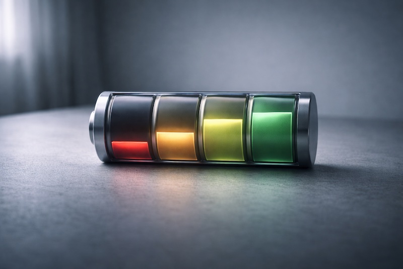 Batterie stylisée montrant des niveaux d’énergie variables sous une lumière douce, illustrant les fluctuations de fatigue et d’énergie possibles liées aux traitements de la sclérose en plaques.