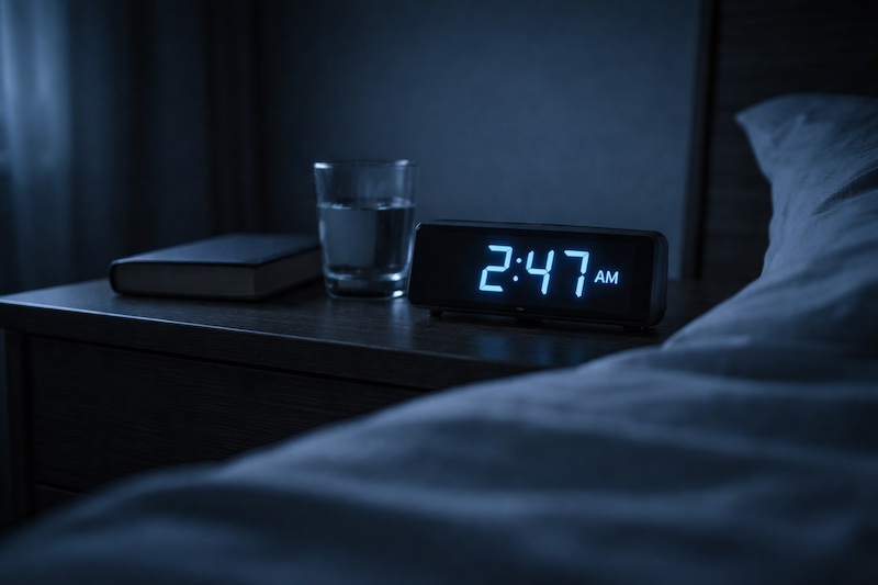 Réveil digital affichant 2:47 AM dans une chambre sombre et silencieuse, illustrant les nuits d’insomnie possibles liées aux effets secondaires des traitements de la sclérose en plaques.