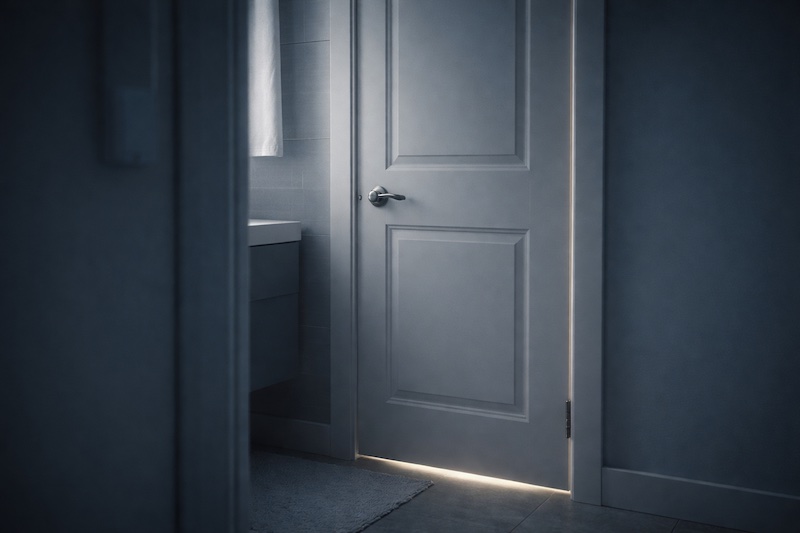 Salle de bain vue de l’extérieur avec une porte fermée laissant passer une lumière douce, illustrant l’intimité et les effets secondaires tabous des traitements de la sclérose en plaques.