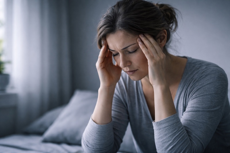 Femme se tenant les tempes sous une lumière tamisée, illustrant de manière empathique un mal de tête possible lié aux effets secondaires des traitements de la sclérose en plaques.