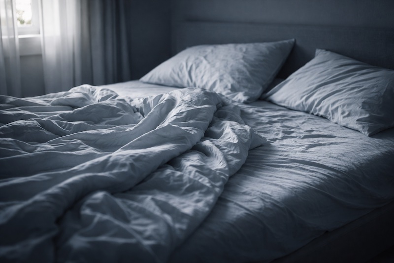 Lit défait au petit matin, éclairé par une lumière d’aube froide et douce, illustrant la réalité intime et quotidienne des effets secondaires des traitements de la sclérose en plaques.