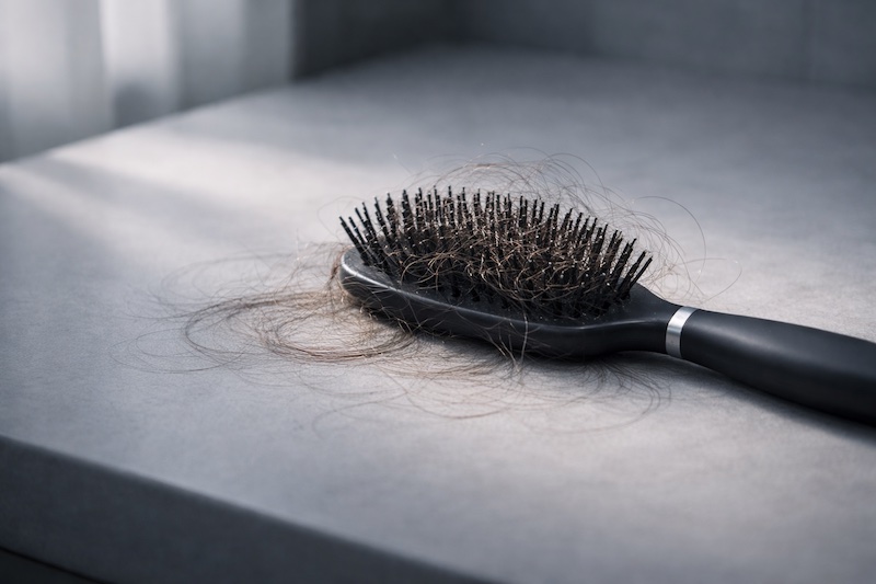 Brosse à cheveux avec des mèches de cheveux emmêlées, éclairée par une lumière douce et sobre, illustrant un effet secondaire intime et non visible des traitements de la sclérose en plaques.
