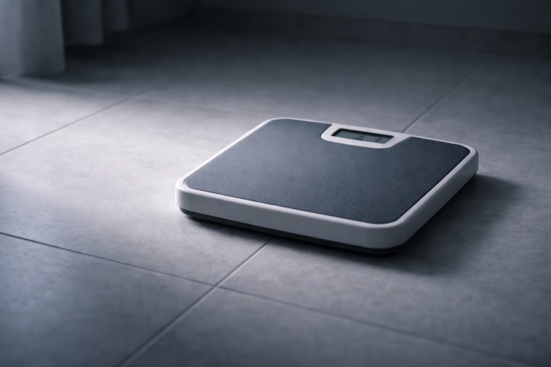 Balance de salle de bain partiellement dans l’ombre, éclairée par une lumière douce, illustrant de manière sensible les préoccupations liées au poids associées aux traitements de la sclérose en plaques.
