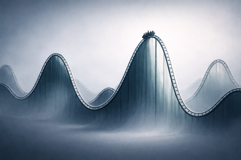 Représentation visuelle stylisée de hauts et de bas émotionnels, évoquant les variations d’humeur possibles liées aux effets secondaires des traitements de la sclérose en plaques, dans une ambiance sobre et empathique.