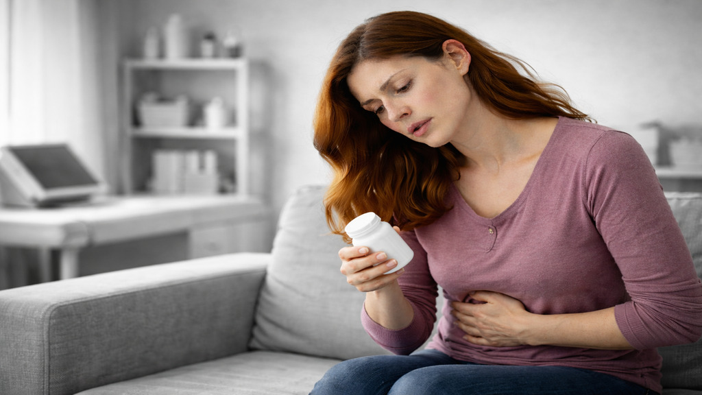 Sophie Martineau, représentée en couleur et assise sur un canapé, tient un flacon de médicaments tout en posant une main sur son abdomen avec une expression d’inconfort, tandis que l’environnement médical autour d’elle est en noir et blanc, évoquant les effets secondaires possibles des traitements de la sclérose en plaques.