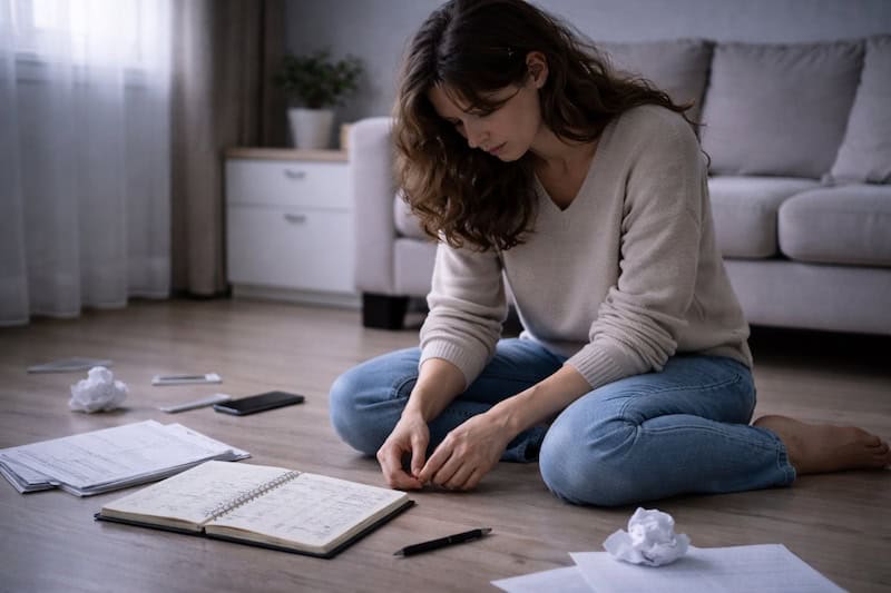 effondrement-illusion-controle-impuissance Personne assise au sol, posture effondrée et regard tourné vers le bas, entourée de documents désorganisés, illustrant l’effondrement de l’illusion de contrôle et un profond sentiment d’impuissance.