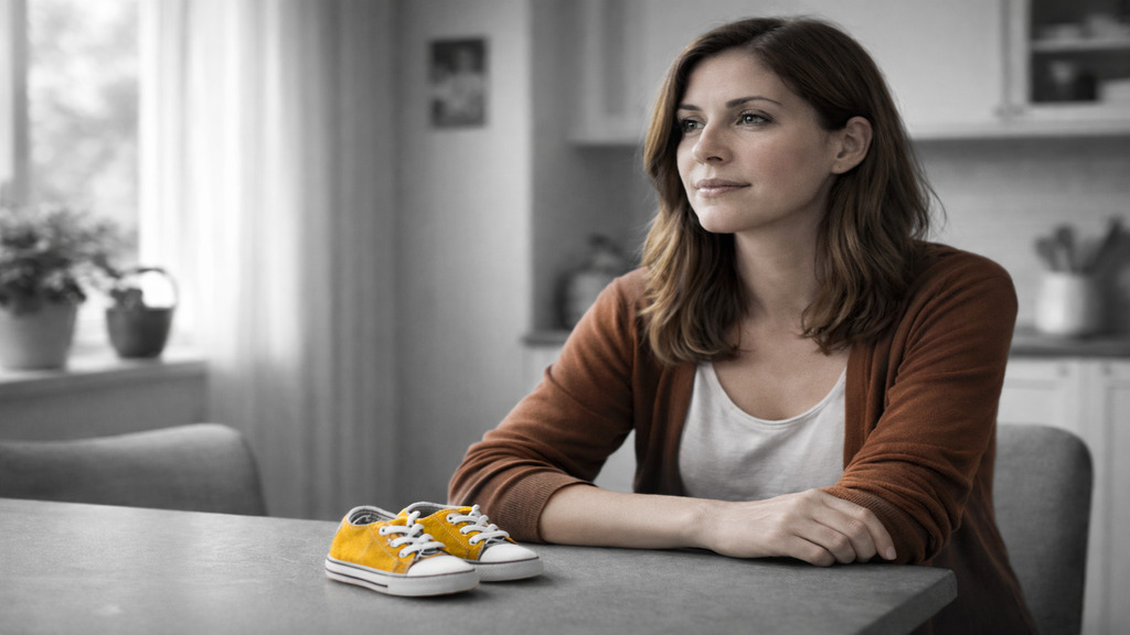 Sophie Martineau, assise à une table de cuisine et représentée en couleur, regarde vers une fenêtre dans un environnement en noir et blanc, tandis qu’une paire de petits souliers de bébé en couleur repose devant elle, évoquant une réflexion calme autour de la grossesse et de la sclérose en plaques.