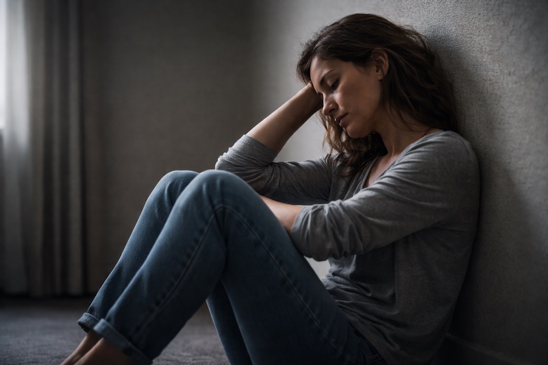 epuisement-post-diagnostic-vulnerabilite-sp Personne assise par terre contre un mur, posture d’épuisement physique et émotionnel, éclairée par une lumière douce, illustrant la vulnérabilité sans perte d’espoir après un diagnostic de sclérose en plaques.