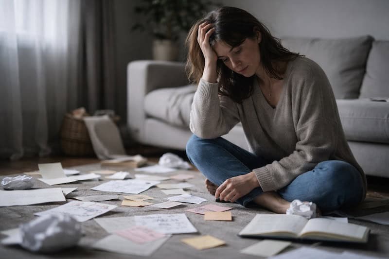 etapes-deuil-non-lineaires-chaos-emotionnel Personne assise au sol entourée de notes et papiers épars, expression confuse et fatiguée, illustrant les étapes du deuil non linéaires et le chaos émotionnel intérieur.
