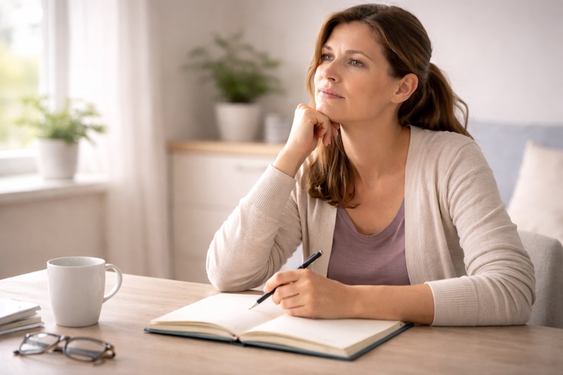 evaluation-honnete-capacites-sp Femme prenant un moment de réflexion à domicile, carnet ouvert devant elle, illustrant une évaluation honnête de ses capacités actuelles avec la sclérose en plaques.