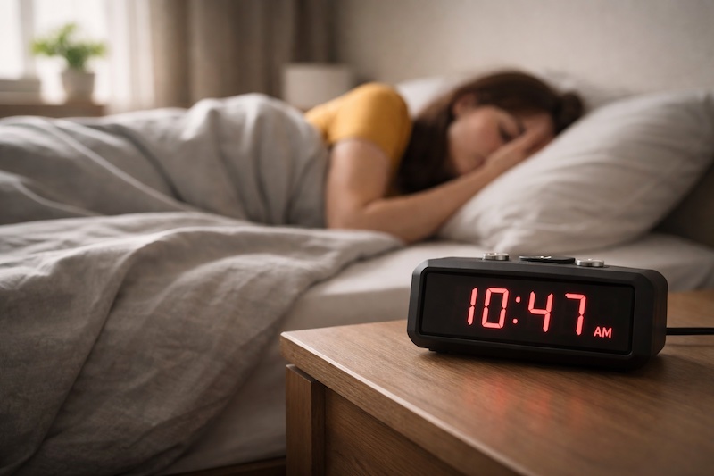 fatigue-invisible-sp-reveil Réveil-matin indiquant une heure avancée tandis qu’une personne reste allongée dans son lit, suggérant une fatigue persistante.