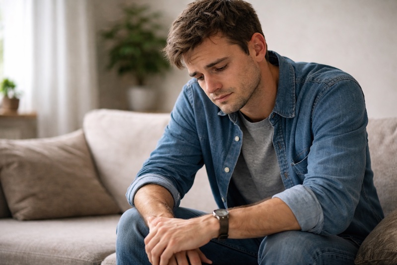 Jeune adulte assis, posture fatiguée mais calme, illustrant les limites physiques liées à la sclérose en plaques après une période éprouvante.