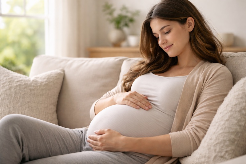 Femme enceinte assise confortablement, main posée sur son ventre, expression calme et réfléchie, évoquant le repos et l’attention à soi dans un contexte de sclérose en plaques.