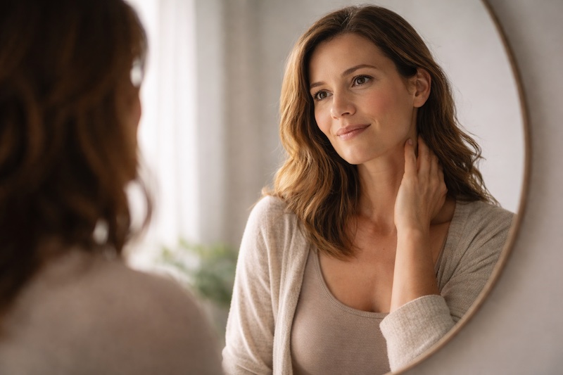 femme-miroir-acceptation-soi Femme se regardant dans un miroir avec une expression calme d’acceptation et de reconnaissance de soi, éclairée par une lumière naturelle douce.