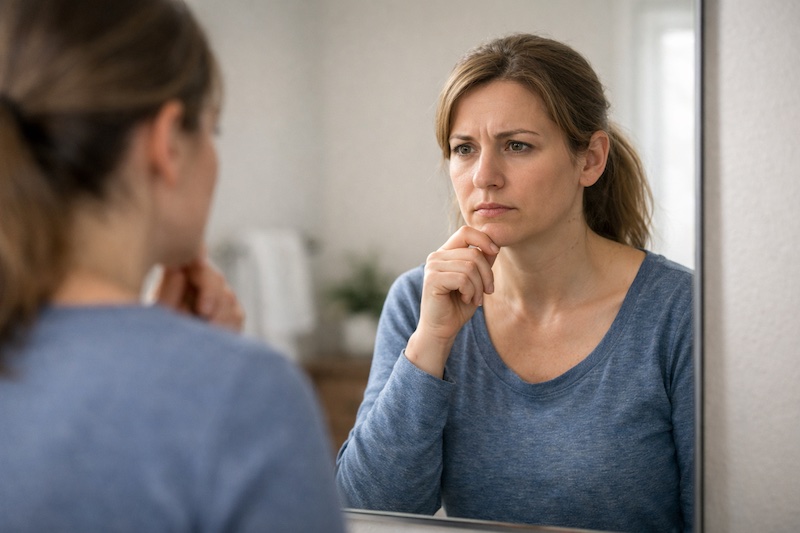 femme-miroir-questionnement-poussee-sp Femme adulte devant un miroir, expression hésitante et préoccupée, se demandant si ses symptômes de sclérose en plaques sont une poussée ou simplement une mauvaise journée.