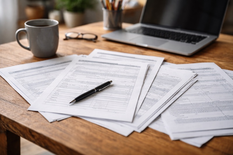 Formulaires administratifs étalés sur une table avec stylo et ordinateur portable, illustrant les démarches liées à une perte d’emploi et à une condition chronique comme la sclérose en plaques.