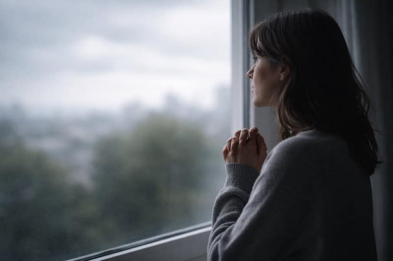 futur-flou-incertain-anxiete-anticipatoire Personne regardant par la fenêtre un paysage flou et brumeux, mains jointes, symbolisant un futur incertain et l’anxiété anticipatoire.