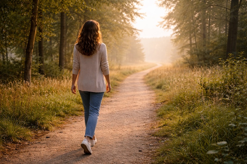 futur-inconnu-processus-continu Personne marchant calmement sur un sentier s’étendant vers l’horizon, illustrant un futur inconnu envisagé comme un processus continu.