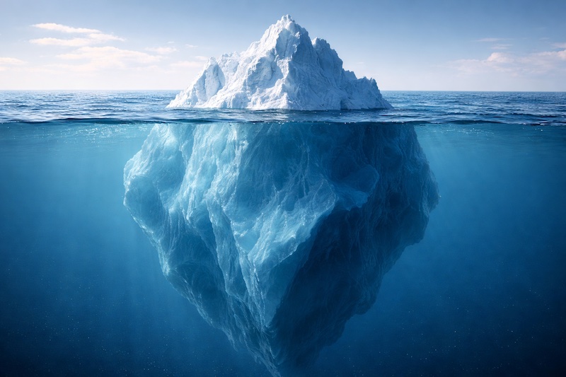 iceberg-emotions-sp Iceberg montrant une petite partie visible au-dessus de l’eau et une grande partie immergée, symbolisant les émotions apparentes et celles cachées comme la peur, la tristesse et l’épuisement.