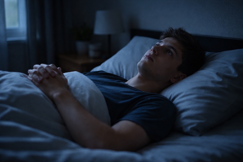 insomnie-avant-depart-cegep-parent-sp Adolescent éveillé dans son lit, regard tourné vers le plafond dans l’obscurité, envahi par les inquiétudes liées à un départ imminent et à la situation familiale.