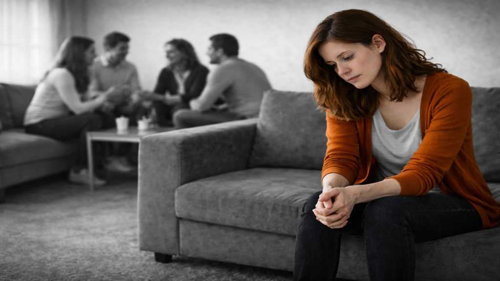 Femme assise seule à l’écart sur un canapé, les mains jointes et le regard baissé, tandis qu’un groupe de personnes discute en arrière-plan flouté, dans un environnement en noir et blanc, illustrant l’isolement social anticipé et la peur de la solitude liée à la SP.