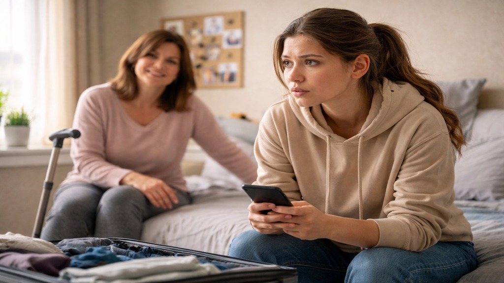 Jeune adulte anxieux préparant son départ au cégep dans une autre ville, soutenu par son parent atteint de sclérose en plaques.