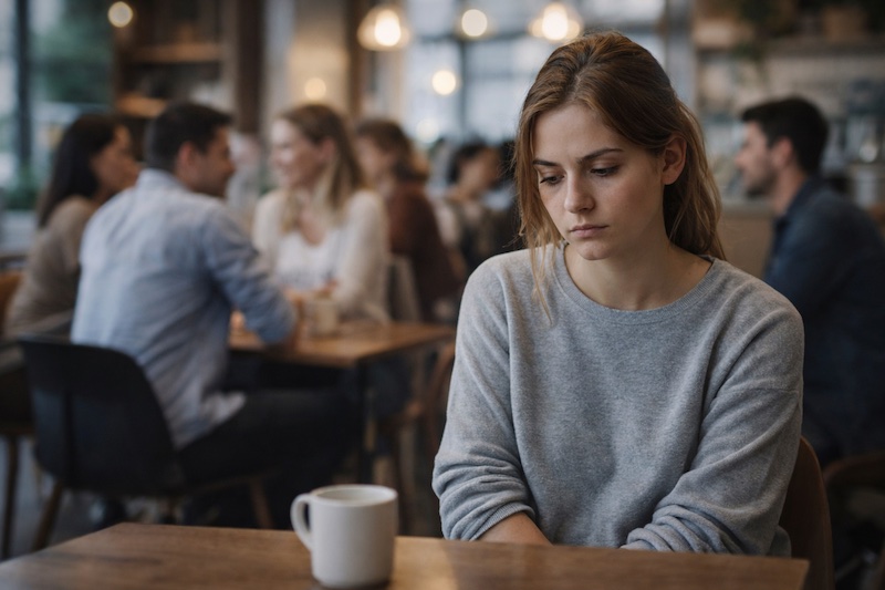 jeune-adulte-invisible-cafe Jeune adulte assis seul à une table de café, regard baissé, entouré d’autres adultes en conversation à l’arrière-plan, illustrant un sentiment d’isolement émotionnel malgré la présence des autres.