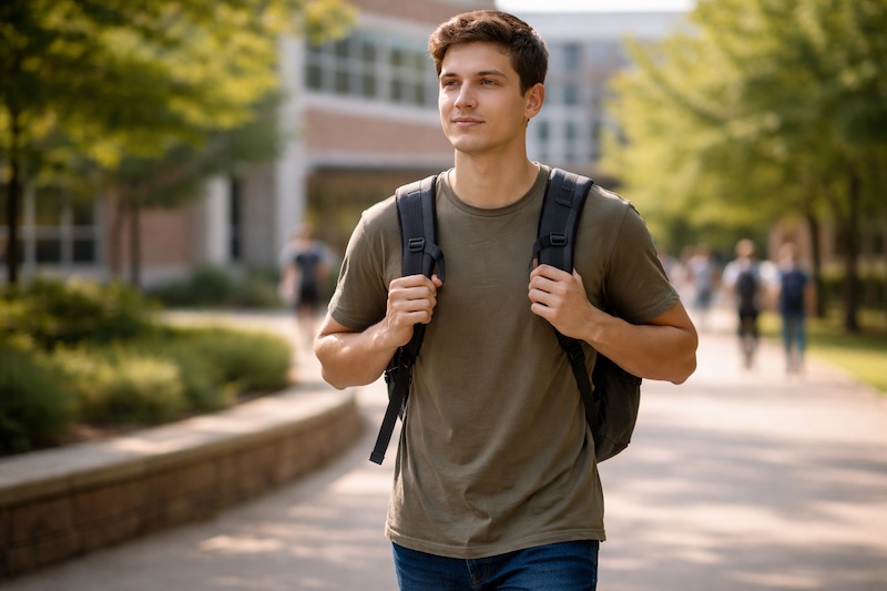 jeune-adulte-marche-campus-depart-familial Personne adulte marchant avec assurance sur un campus, sac à dos sur les épaules, avançant vers une nouvelle étape malgré les responsabilités familiales laissées derrière.