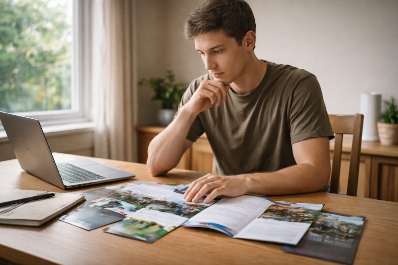 jeune-adulte-reflexion-choix-cegep-parent-sp Personne adulte assise à une table, consultant des brochures d’orientation scolaire, plongée dans une réflexion importante liée à un choix d’études et à des responsabilités familiales.