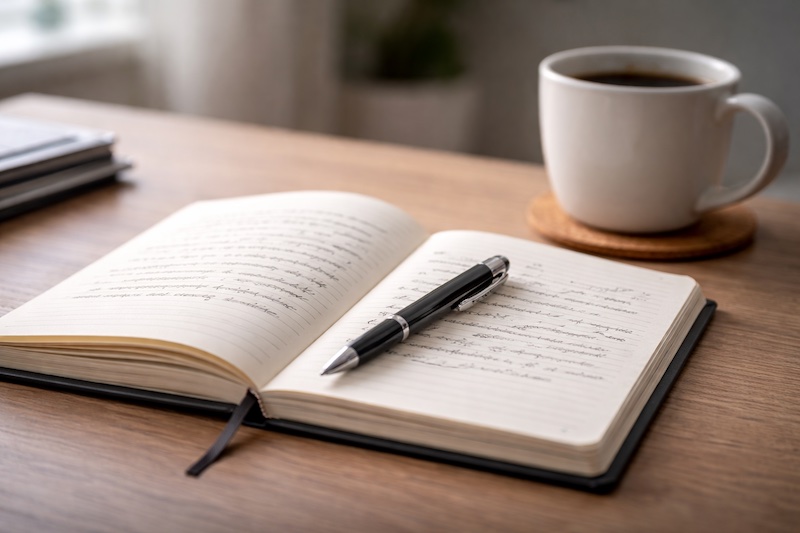 journal-reflexion-divulgation-sp Journal intime ouvert sur un bureau avec un stylo et une tasse de café, illustrant un moment de réflexion avant de divulguer un diagnostic de sclérose en plaques au travail.