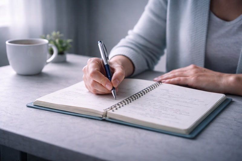 Main tenant une seringue et un miroir, éclairés par une lumière douce, symbolisant la réflexion et la pesée des options liées aux traitements de la sclérose en plaques.