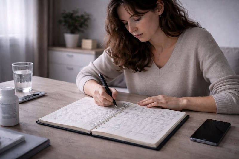 journal-symptomes-obsessionnel-controle-illusoire Personne écrivant attentivement dans un journal de suivi des symptômes rempli de tableaux et de notes, illustrant un contrôle obsessionnel et une illusion de maîtrise face à l’incertitude.