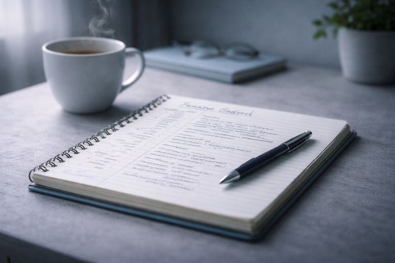 Journal de suivi des symptômes avec notes manuscrites, stylo et tasse de thé sur une table, illustrant une approche organisée et proactive pour gérer les effets secondaires de la sclérose en plaques.