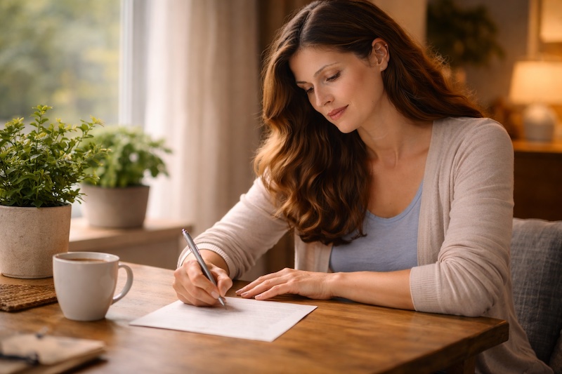 lettre-ouverte-amis-besoins-sp Personne écrivant une lettre à la main à une table en lumière naturelle, illustrant une explication sincère de ses besoins auprès de ses amis.