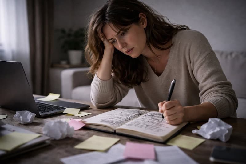 liste-cibles-colere-rage-desorganisee Personne frustrée écrivant dans un carnet rempli de listes raturées, entourée de notes éparpillées, illustrant une colère diffuse et une rage désorganisée.