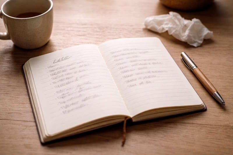 liste-manuscrite-pertes-inventaire-emotionnel Carnet ouvert avec une liste manuscrite floue posé sur une table, illustrant un inventaire émotionnel et la reconnaissance des pertes vécues.
