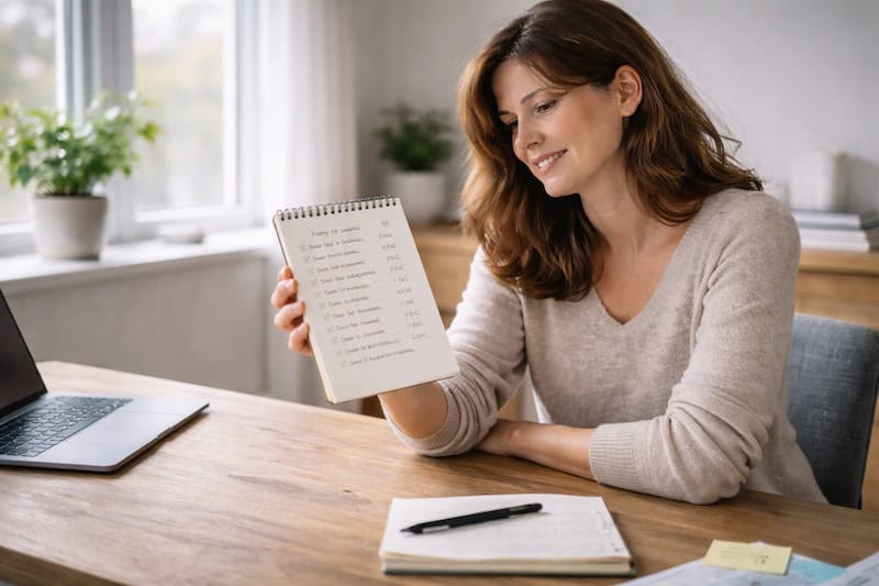 liste-taches-accomplies-fierte-productivite Personne souriante tenant une liste de tâches complétées, illustrant un sentiment de fierté et de productivité réaliste dans un environnement de travail calme.