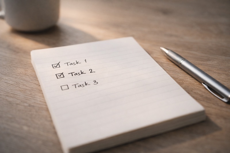 liste-taches-succes-redefini Liste de tâches manuscrite avec seulement quelques éléments, dont certains sont cochés, illustrant une redéfinition simple et réaliste du succès quotidien.